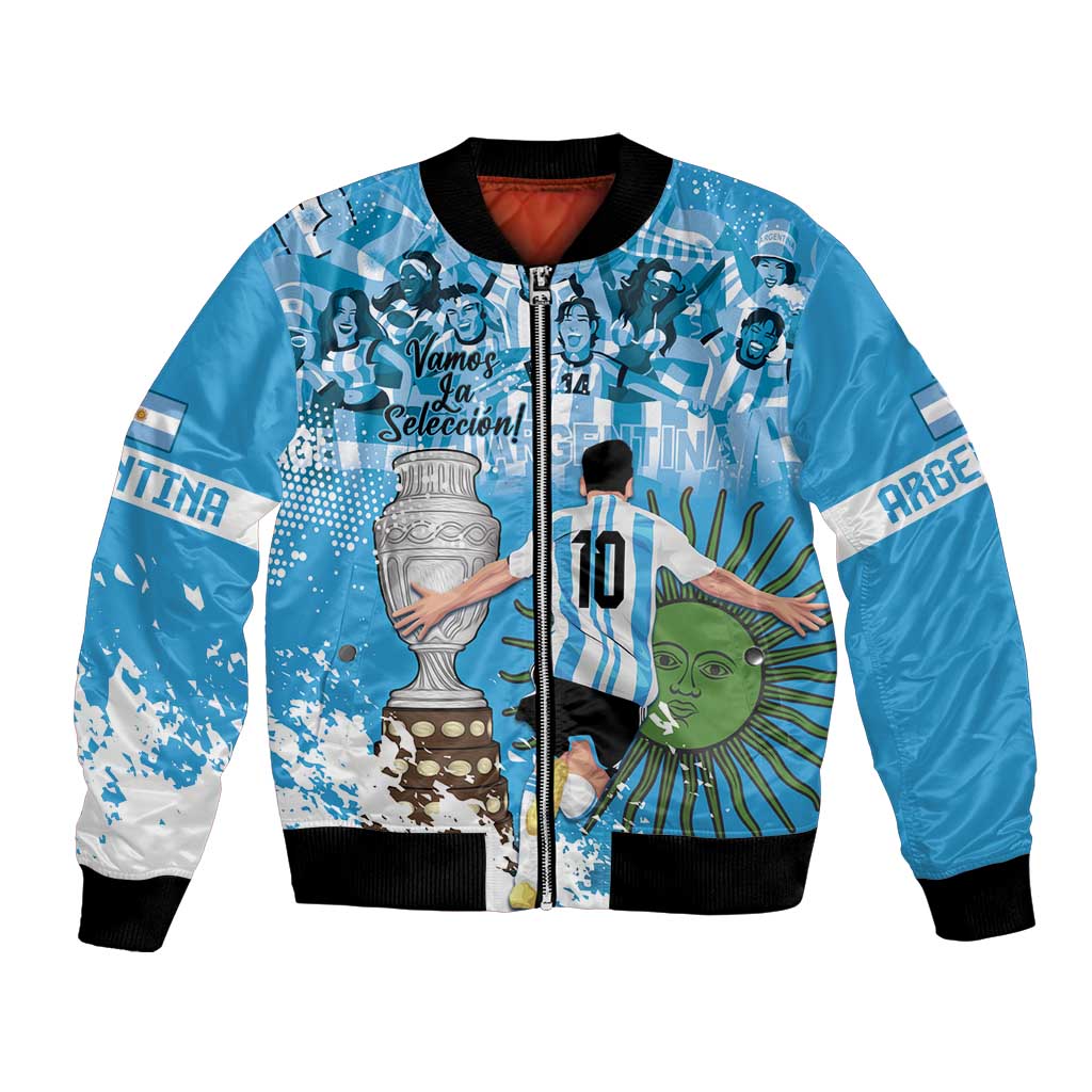 Blue Argentina bomber jacket with black collar, zipper front, ribbed cuffs, graphic patch art