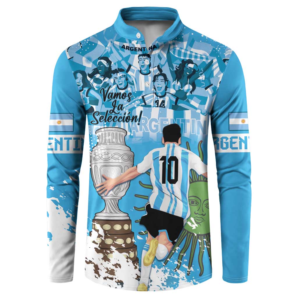 Blue button-front football sweatshirt with large Argentina-themed graphic print