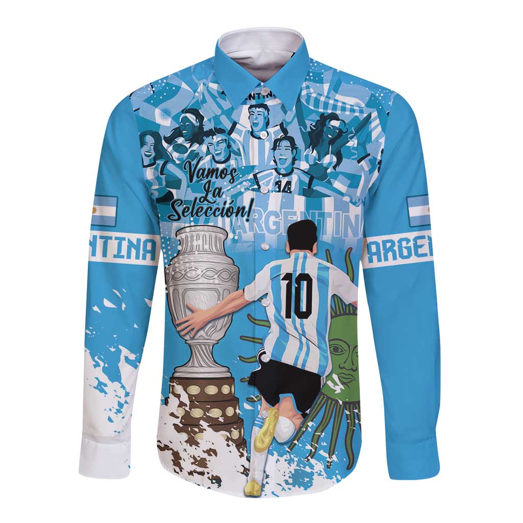Blue Argentina football long-sleeve button shirt with graphic collage front
