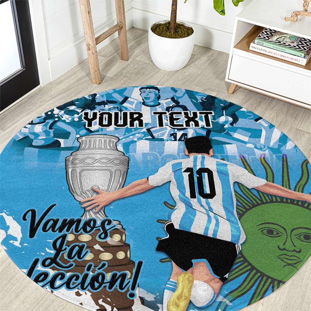 Blue round football rug with 'YOUR TEXT' banner and player graphic