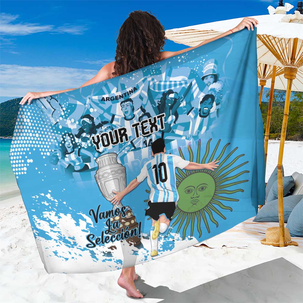 Blue Argentina football sarong with player, sun graphic, and “Vamos La Seleccion” text