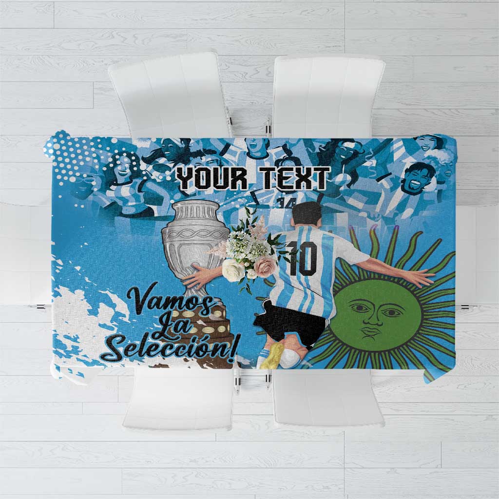Blue sports tablecloth with Your Text area, Vamos La Seleccion, and shield graphics