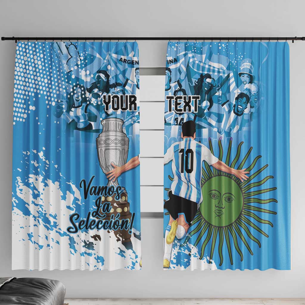Blue football window curtains featuring player silhouettes, green sun face, and bold artwork