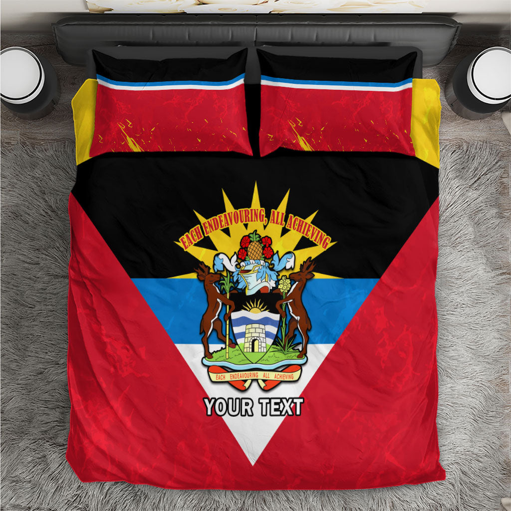 Red bedding set with black center panel, yellow rays, 42nd anniversary emblem, “Your Text”