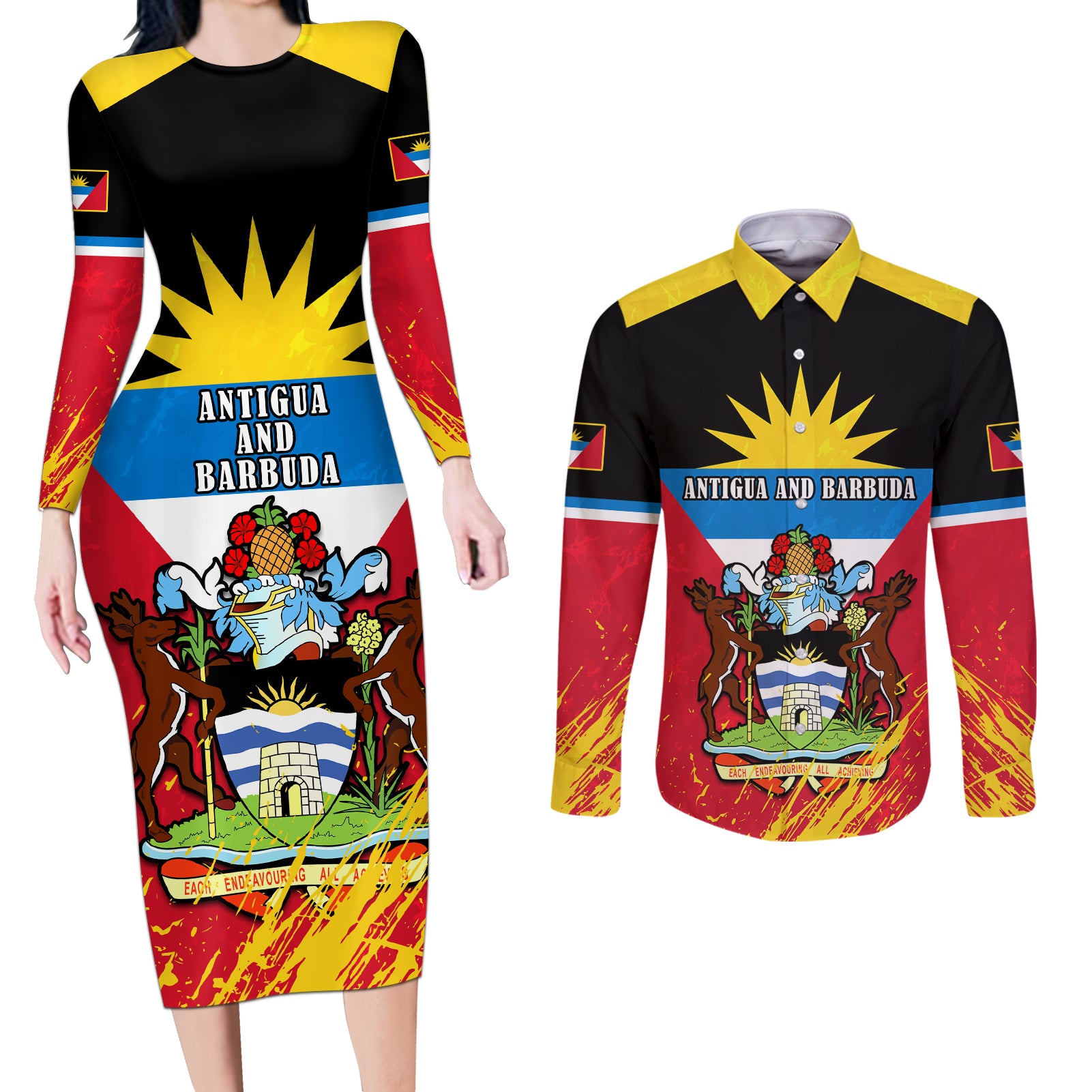 Personalised Antigua And Barbuda Independence Day Couples Matching Long Sleeve Bodycon Dress and Long Sleeve Button Shirts 42nd Anniversary Flag Style - Wonder Print Shop