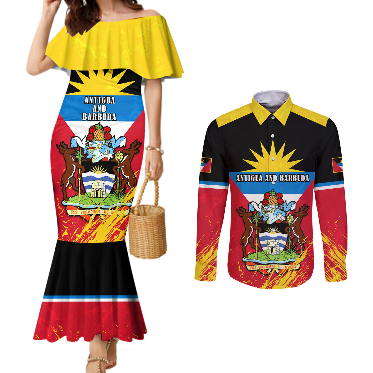 personalised-antigua-and-barbuda-independence-day-couples-matching-mermaid-dress-and-long-sleeve-button-shirts-42nd-anniversary-flag-style