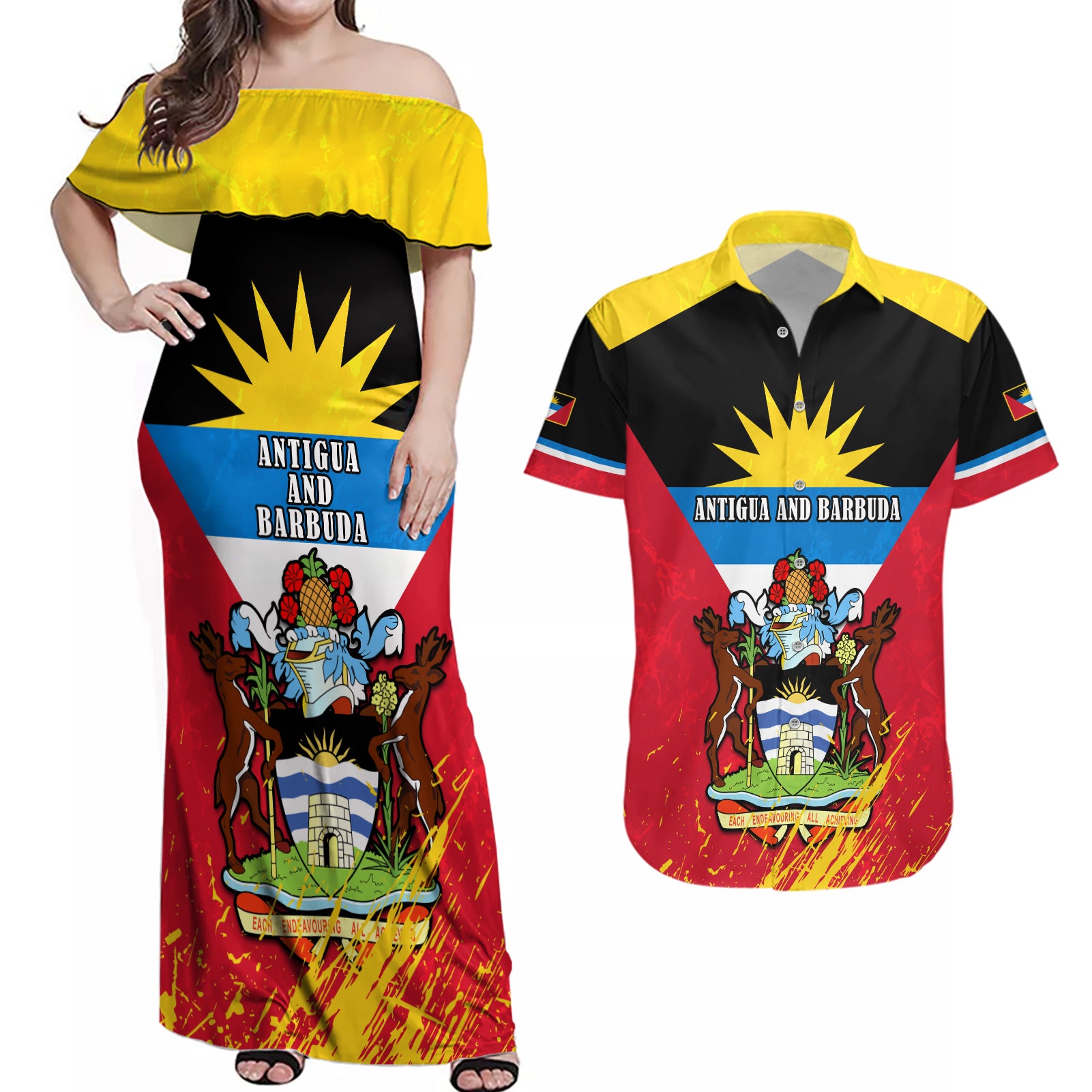 Personalised Antigua And Barbuda Independence Day Couples Matching Off Shoulder Maxi Dress and Hawaiian Shirt 42nd Anniversary Flag Style - Wonder Print Shop