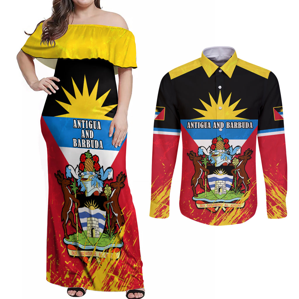 Personalised Antigua And Barbuda Independence Day Couples Matching Off Shoulder Maxi Dress and Long Sleeve Button Shirts 42nd Anniversary Flag Style - Wonder Print Shop