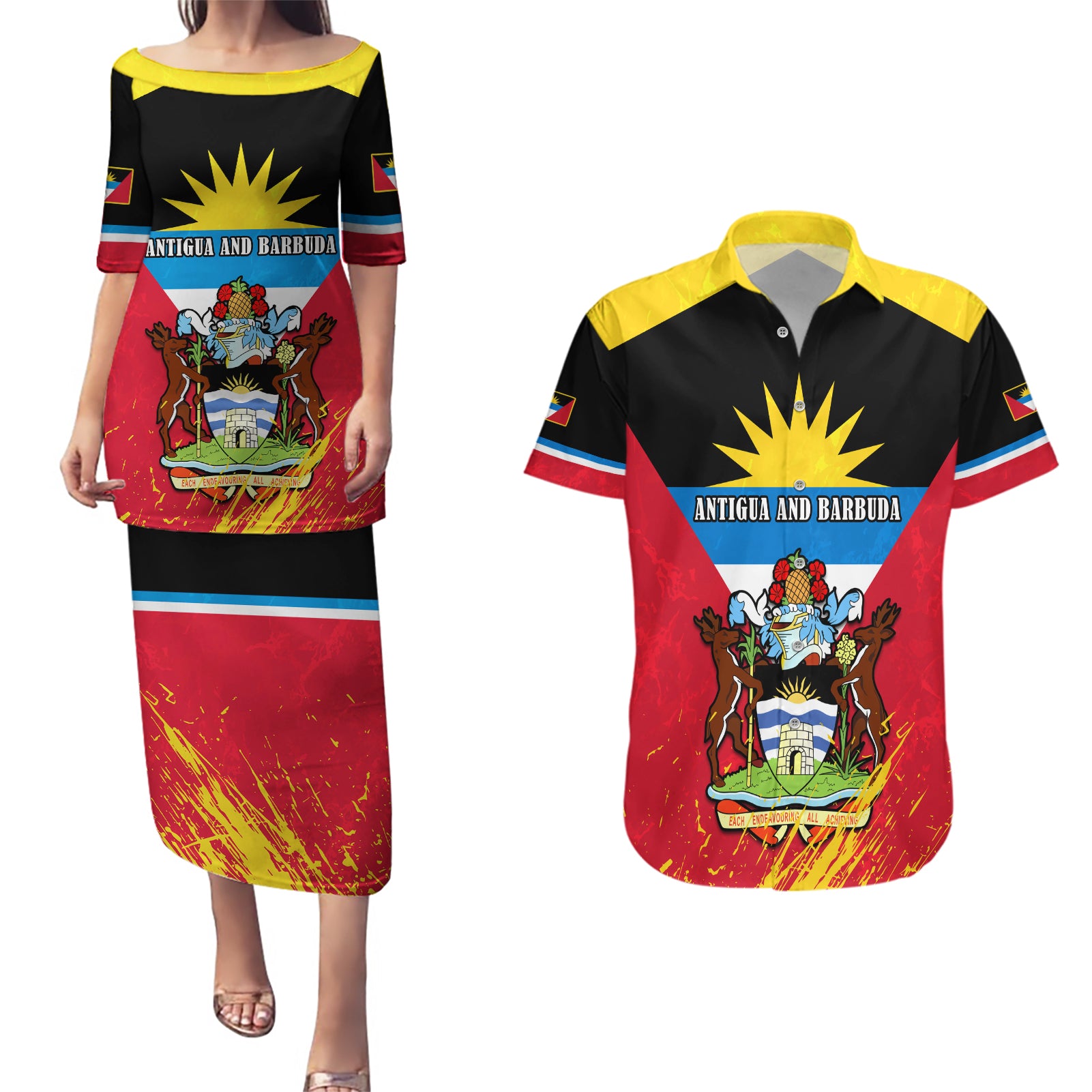 Personalised Antigua And Barbuda Independence Day Couples Matching Puletasi Dress and Hawaiian Shirt 42nd Anniversary Flag Style - Wonder Print Shop