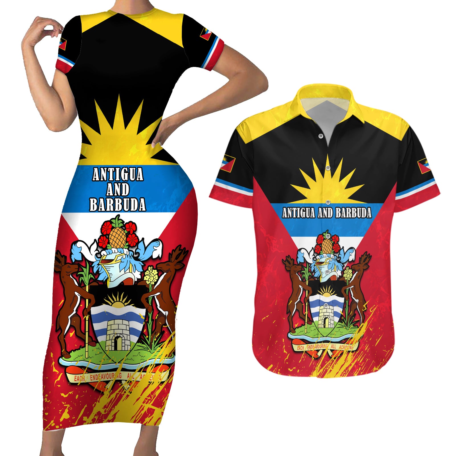 Personalised Antigua And Barbuda Independence Day Couples Matching Short Sleeve Bodycon Dress and Hawaiian Shirt 42nd Anniversary Flag Style - Wonder Print Shop