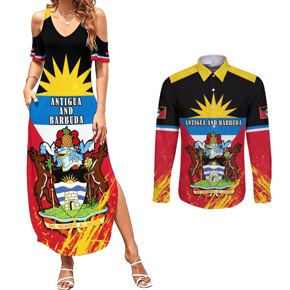 Personalised Antigua And Barbuda Independence Day Couples Matching Summer Maxi Dress and Long Sleeve Button Shirts 42nd Anniversary Flag Style - Wonder Print Shop