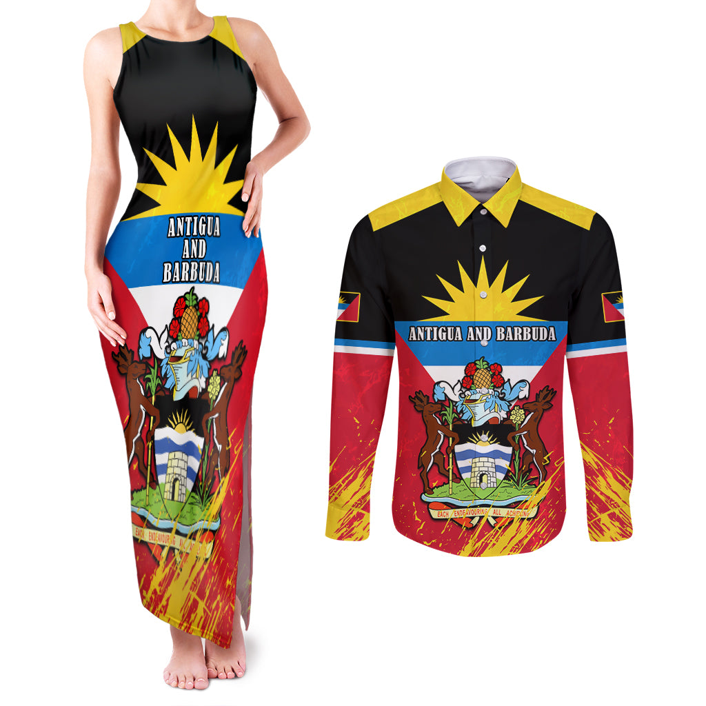 Personalised Antigua And Barbuda Independence Day Couples Matching Tank Maxi Dress and Long Sleeve Button Shirts 42nd Anniversary Flag Style - Wonder Print Shop