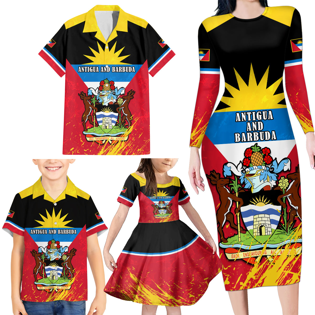 Personalised Antigua And Barbuda Independence Day Family Matching Long Sleeve Bodycon Dress and Hawaiian Shirt 42nd Anniversary Flag Style - Wonder Print Shop