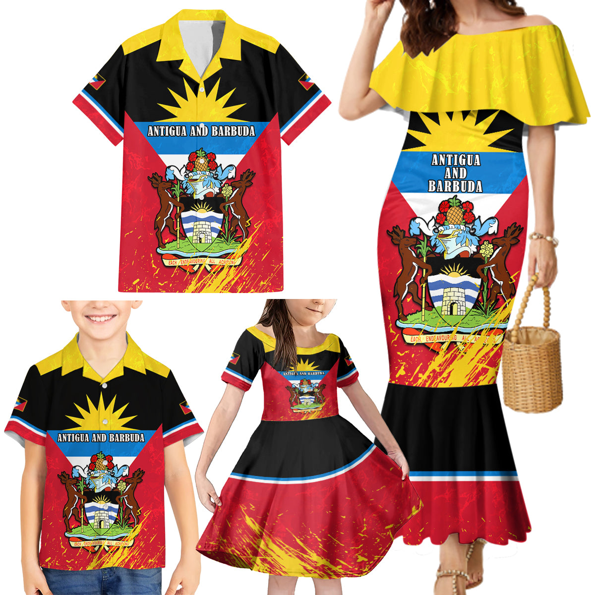 Personalised Antigua And Barbuda Independence Day Family Matching Mermaid Dress and Hawaiian Shirt 42nd Anniversary Flag Style - Wonder Print Shop