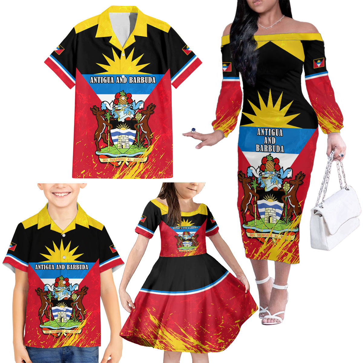 Personalised Antigua And Barbuda Independence Day Family Matching Off Shoulder Long Sleeve Dress and Hawaiian Shirt 42nd Anniversary Flag Style - Wonder Print Shop