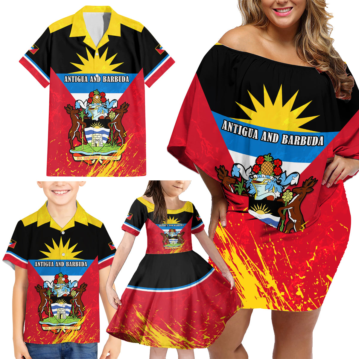 Personalised Antigua And Barbuda Independence Day Family Matching Off Shoulder Short Dress and Hawaiian Shirt 42nd Anniversary Flag Style - Wonder Print Shop