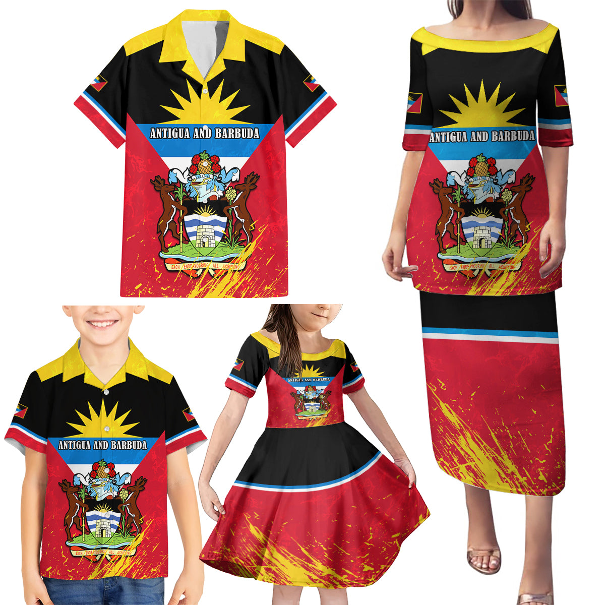 Personalised Antigua And Barbuda Independence Day Family Matching Puletasi Dress and Hawaiian Shirt 42nd Anniversary Flag Style - Wonder Print Shop