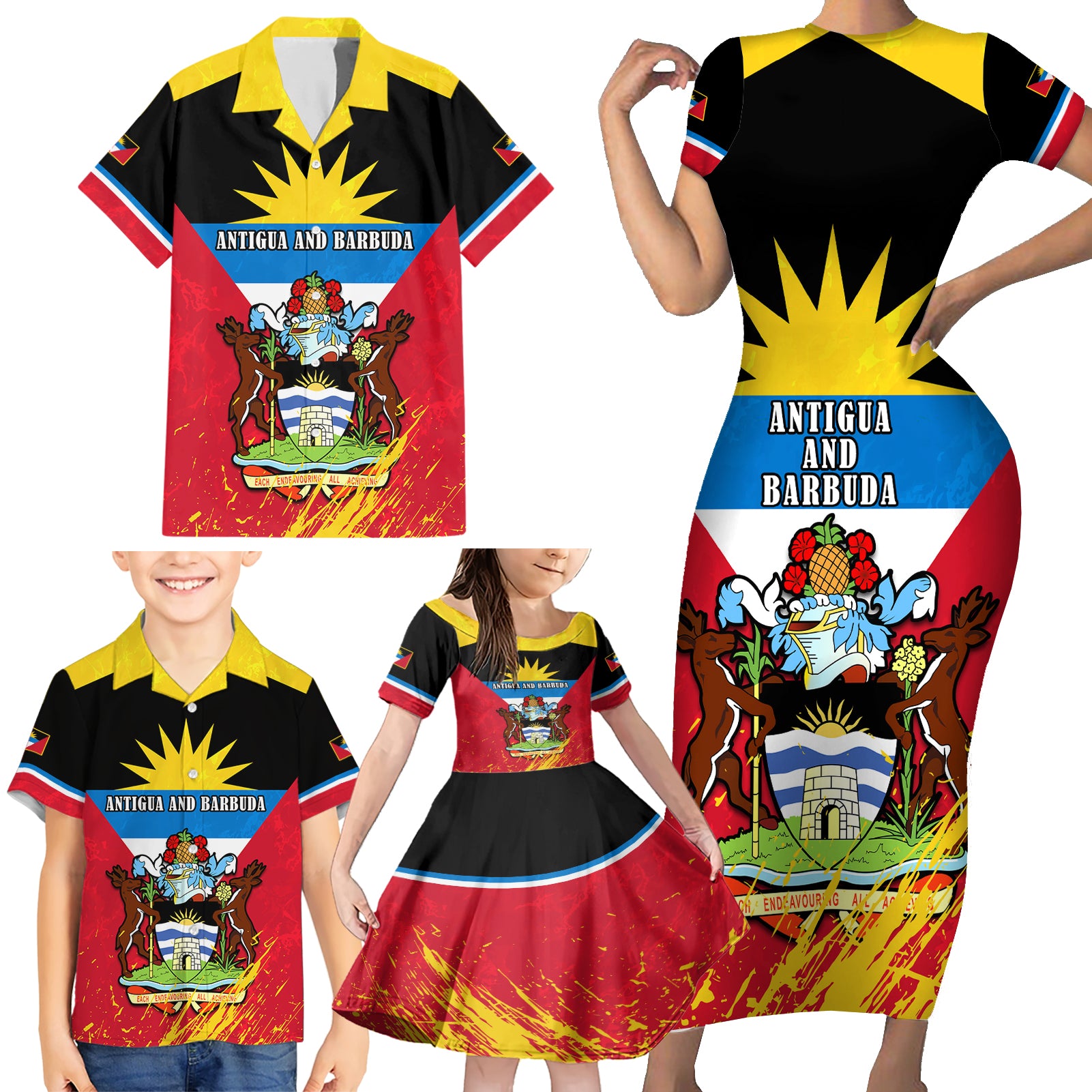 Personalised Antigua And Barbuda Independence Day Family Matching Short Sleeve Bodycon Dress and Hawaiian Shirt 42nd Anniversary Flag Style - Wonder Print Shop