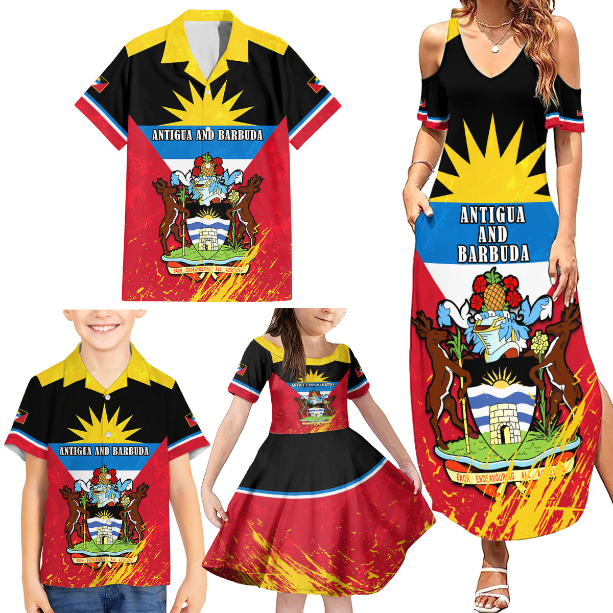 Personalised Antigua And Barbuda Independence Day Family Matching Summer Maxi Dress and Hawaiian Shirt 42nd Anniversary Flag Style - Wonder Print Shop