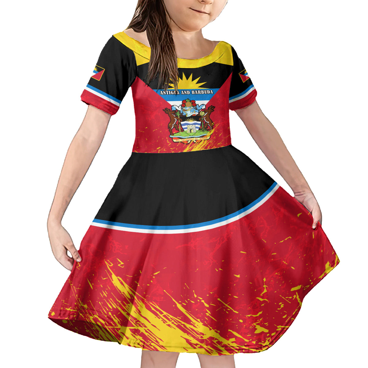 Personalised Antigua And Barbuda Independence Day Kid Short Sleeve Dress 42nd Anniversary Flag Style - Wonder Print Shop