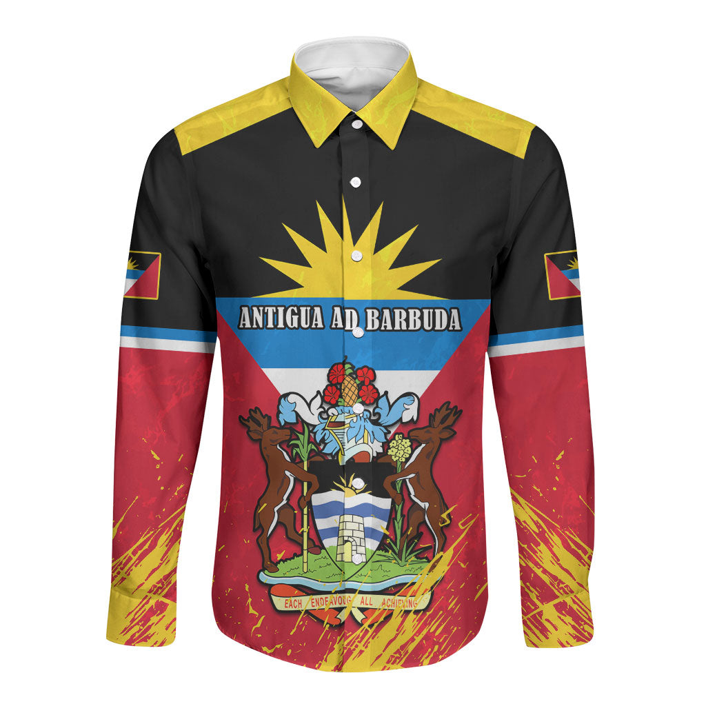 Long-sleeve button shirt, black/red/yellow, front logo with Antigua and Barbuda flag crest