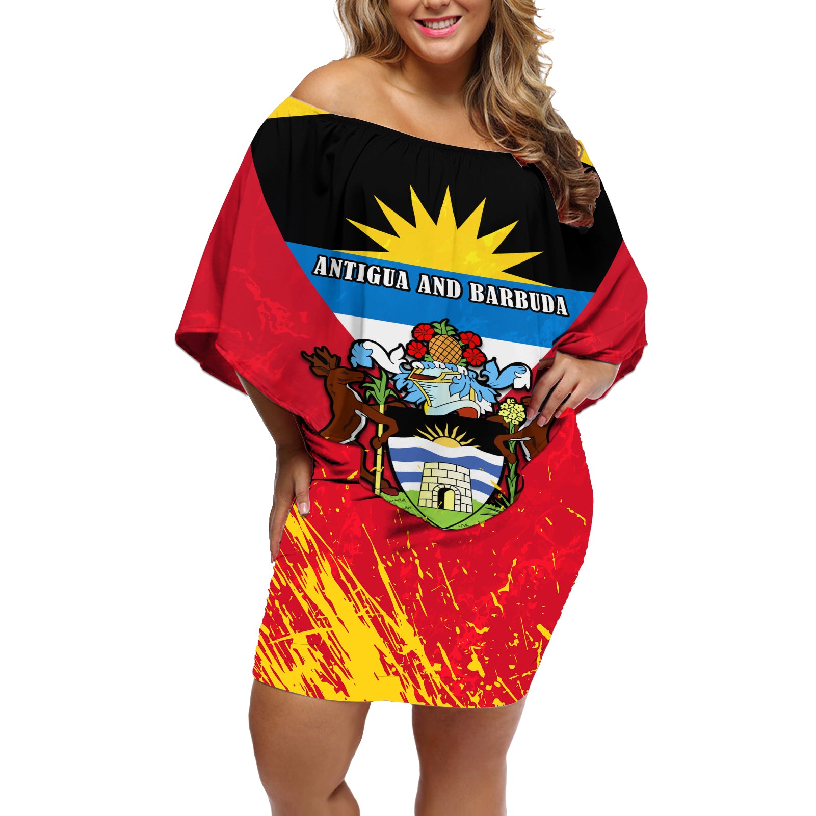 Personalised Antigua And Barbuda Independence Day Off Shoulder Short Dress 42nd Anniversary Flag Style - Wonder Print Shop