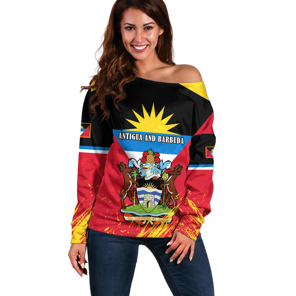 Personalised Antigua And Barbuda Independence Day Off Shoulder Sweater 42nd Anniversary Flag Style - Wonder Print Shop