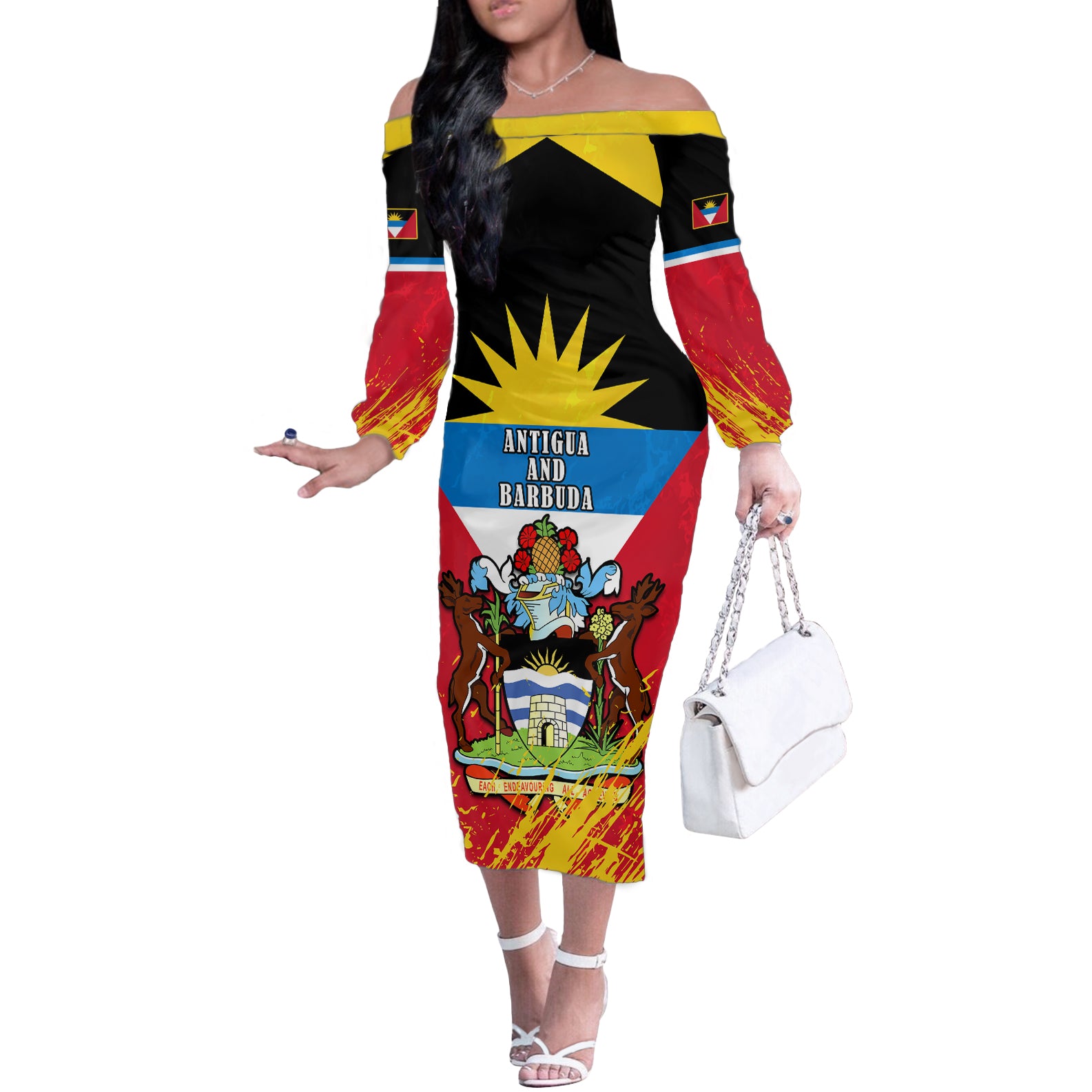 Personalised Antigua And Barbuda Independence Day Off The Shoulder Long Sleeve Dress 42nd Anniversary Flag Style - Wonder Print Shop