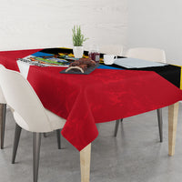 Red flag-style Independence tablecloth with long drop over dining table