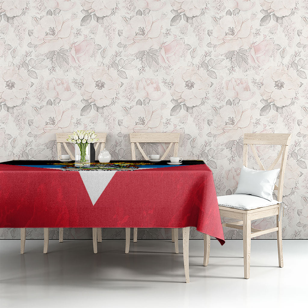 Red flag-style tablecloth with anniversary design on banquet-style table