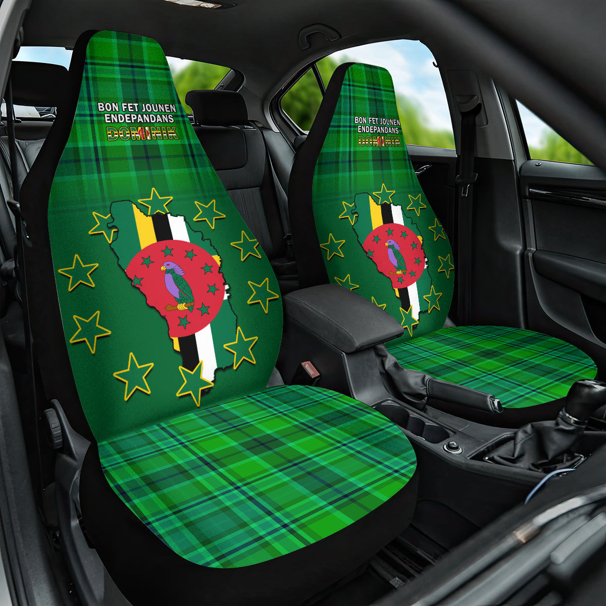 Green car seat covers with tartan plaid and parrot wreath with yellow stars
