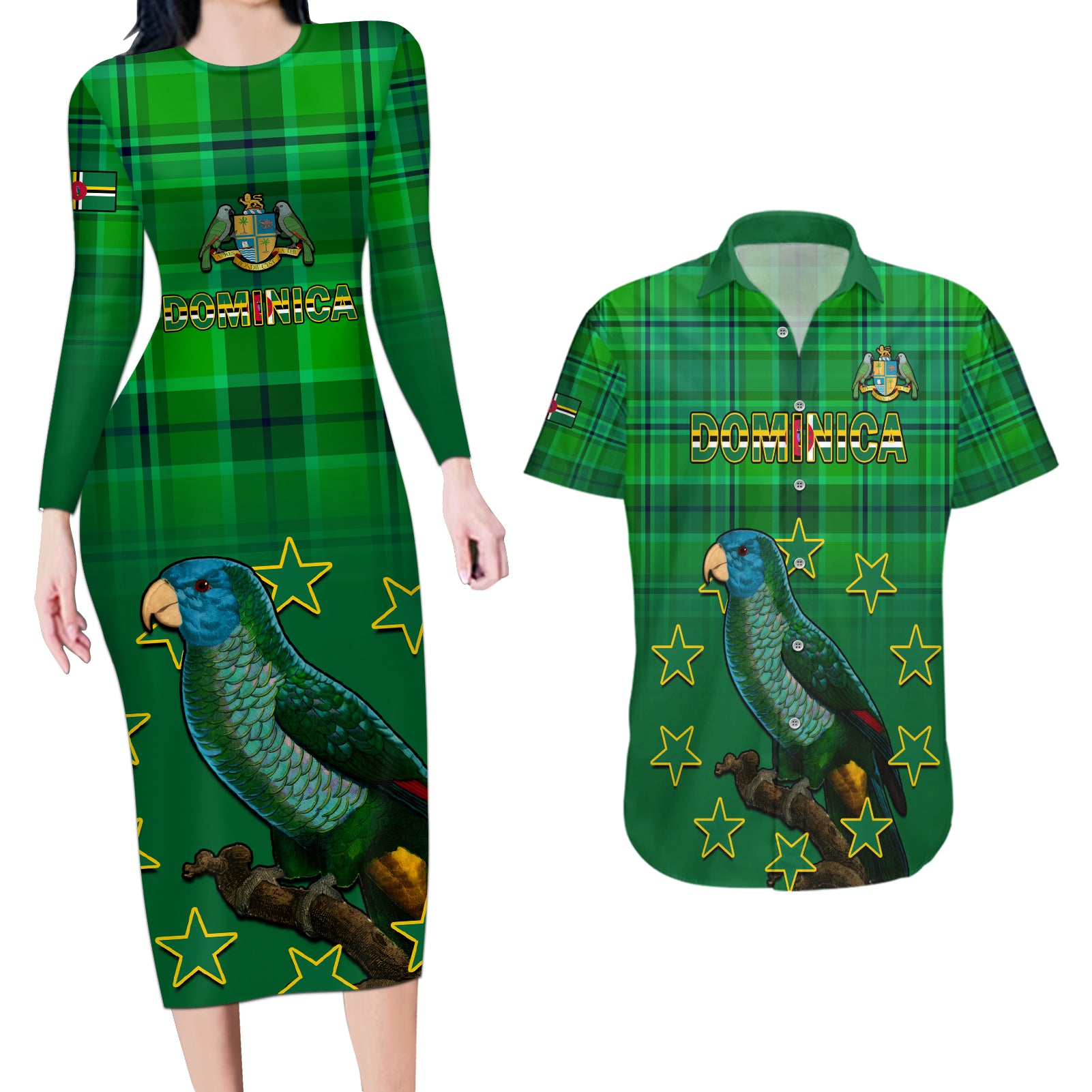 Dominica Independence Day Couples Matching Long Sleeve Bodycon Dress and Hawaiian Shirt Dominik Sisserou Parrot With Madras Pattern - Wonder Print Shop