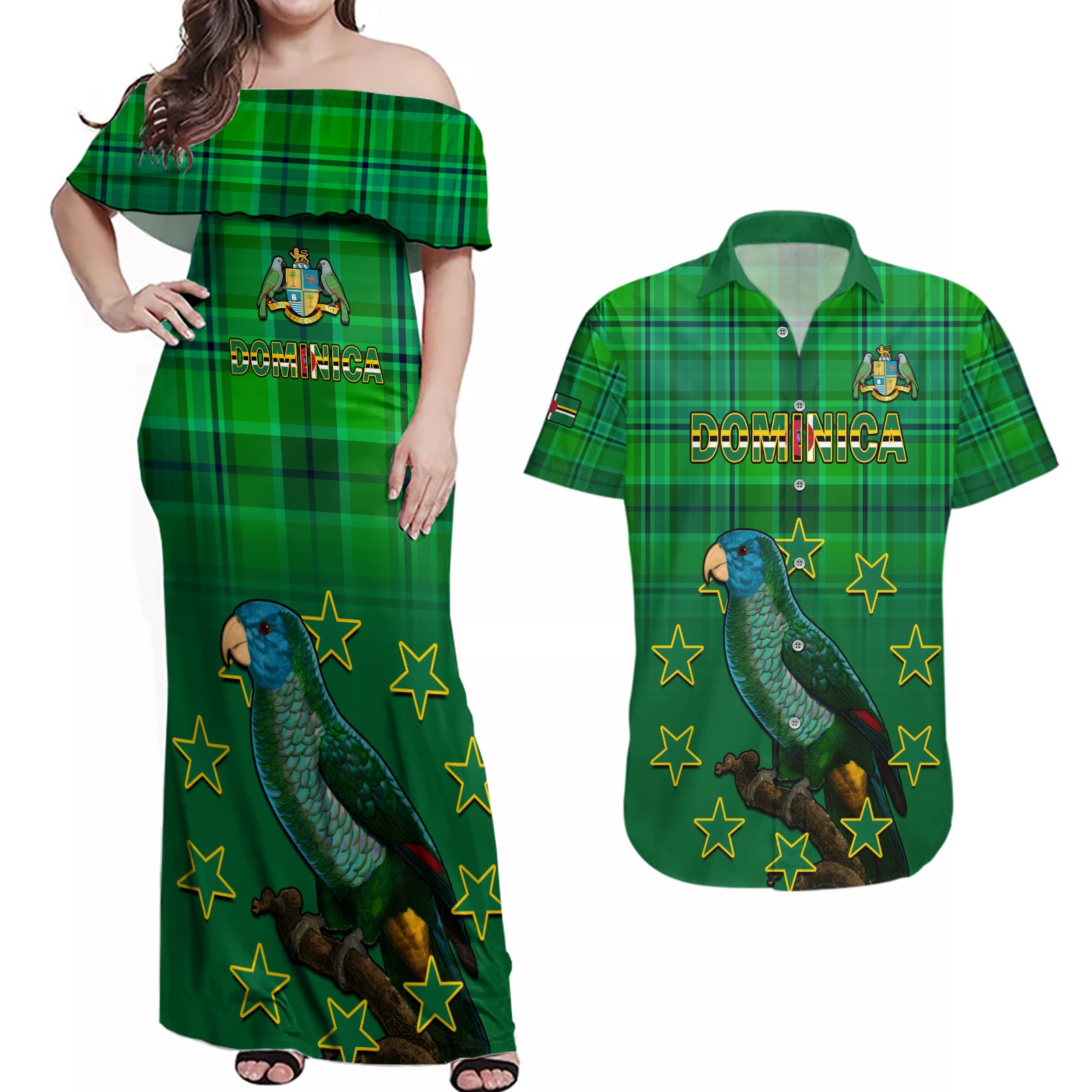 Dominica Independence Day Couples Matching Off Shoulder Maxi Dress and Hawaiian Shirt Dominik Sisserou Parrot With Madras Pattern - Wonder Print Shop