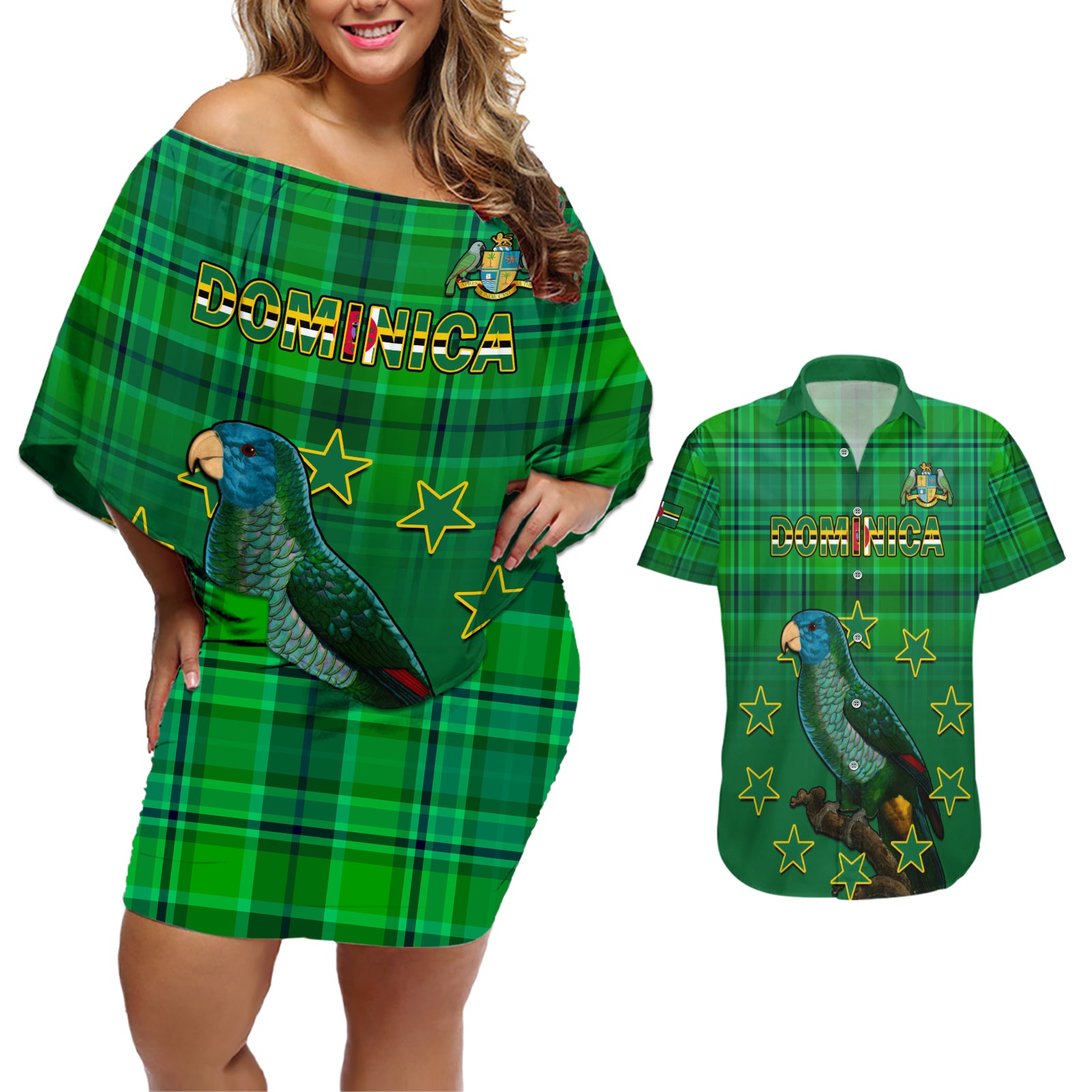 Dominica Independence Day Couples Matching Off Shoulder Short Dress and Hawaiian Shirt Dominik Sisserou Parrot With Madras Pattern - Wonder Print Shop