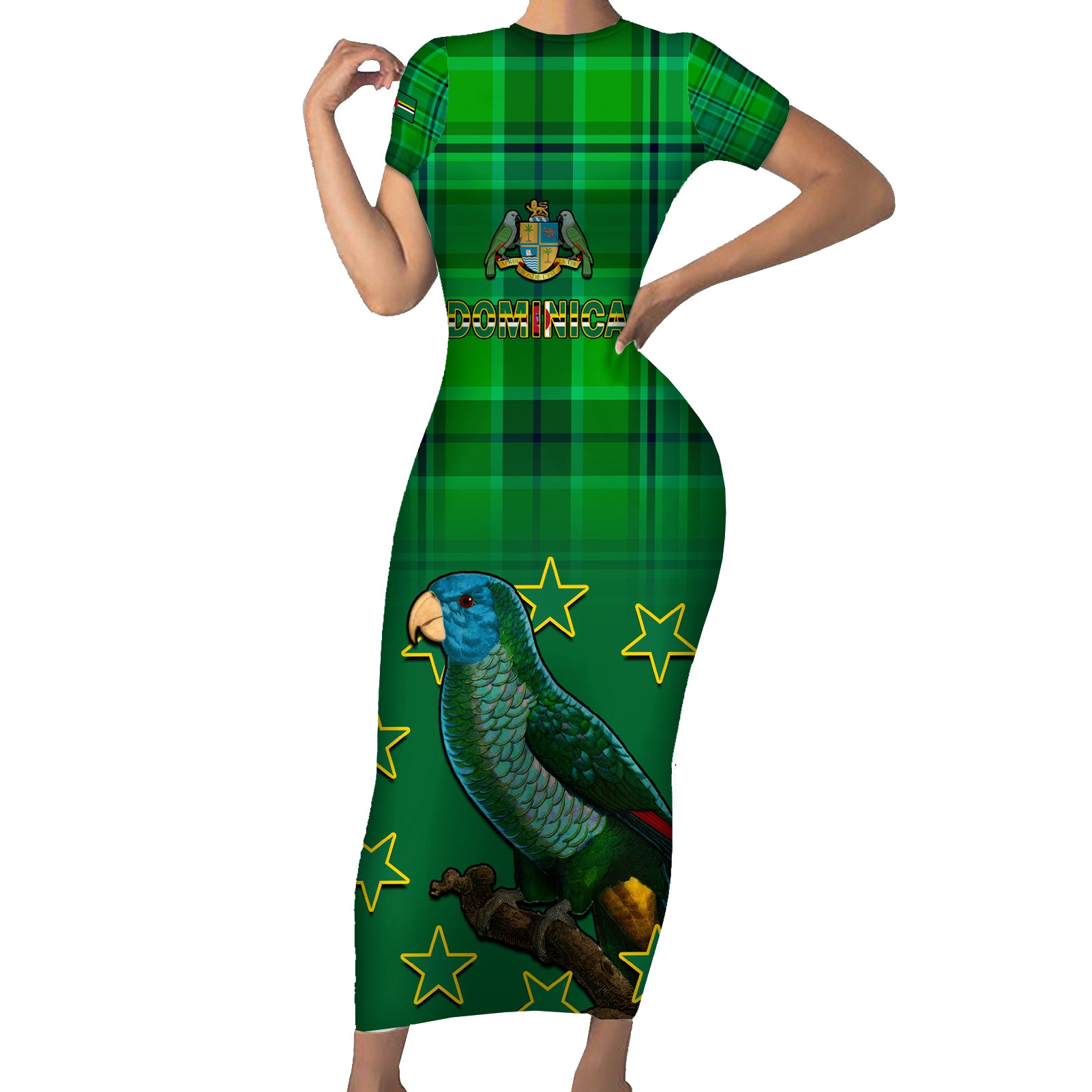 Dominica Independence Day Short Sleeve Bodycon Dress Dominik Sisserou Parrot With Madras Pattern - Wonder Print Shop