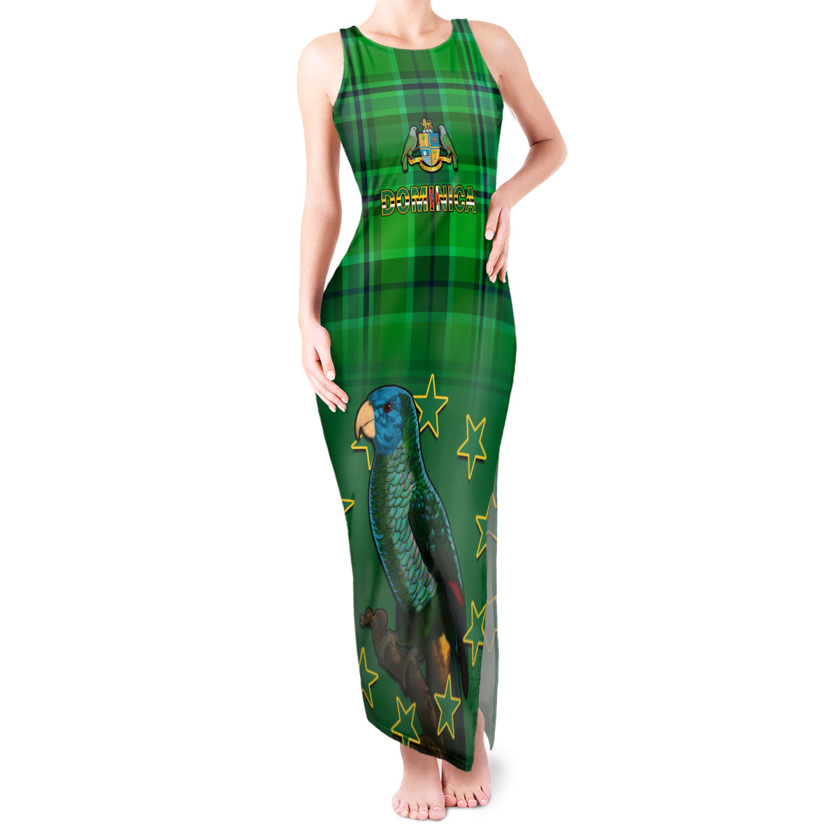 Dominica Independence Day Tank Maxi Dress Dominik Sisserou Parrot With Madras Pattern - Wonder Print Shop