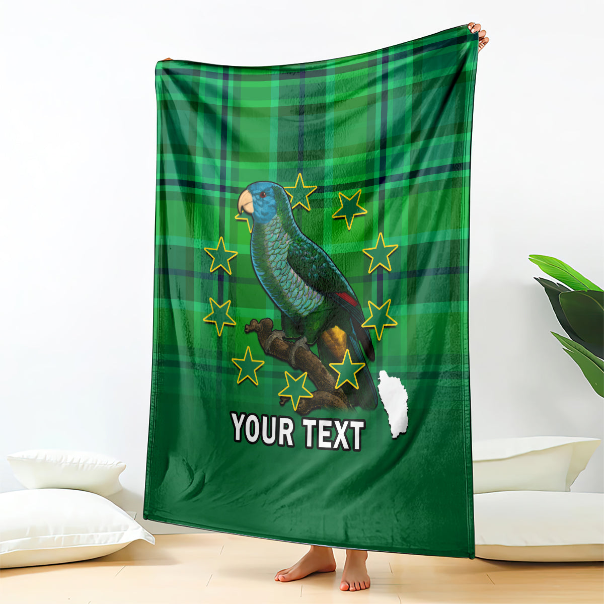 Green blanket with plaid pattern, parrot and yellow stars, custom text