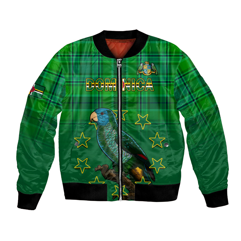 Green bomber jacket with zip front, parrot and Dominica graphic, black ribbed cuffs