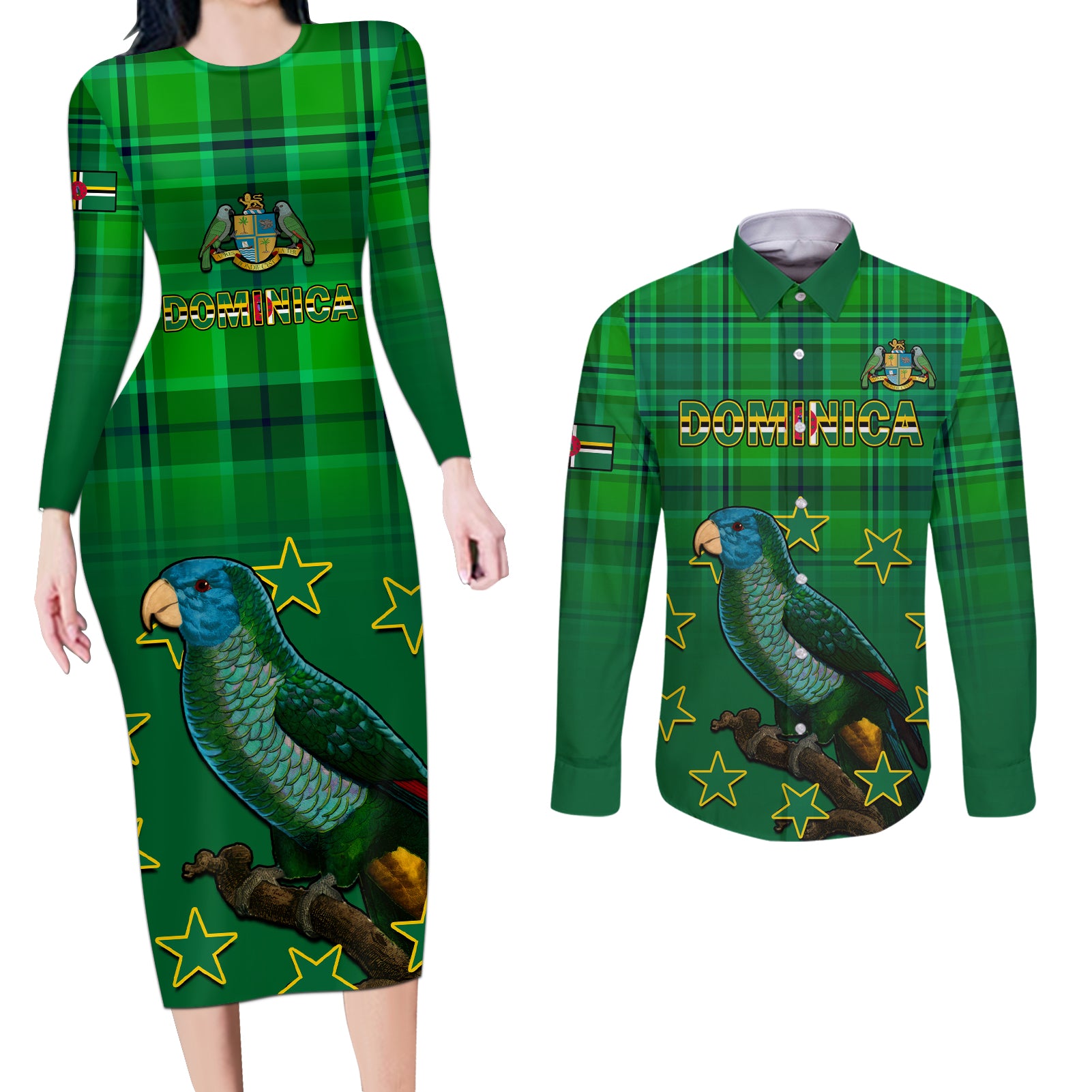 Personalised Dominica Independence Day Couples Matching Long Sleeve Bodycon Dress and Long Sleeve Button Shirts Dominik Sisserou Parrot With Madras Pattern - Wonder Print Shop