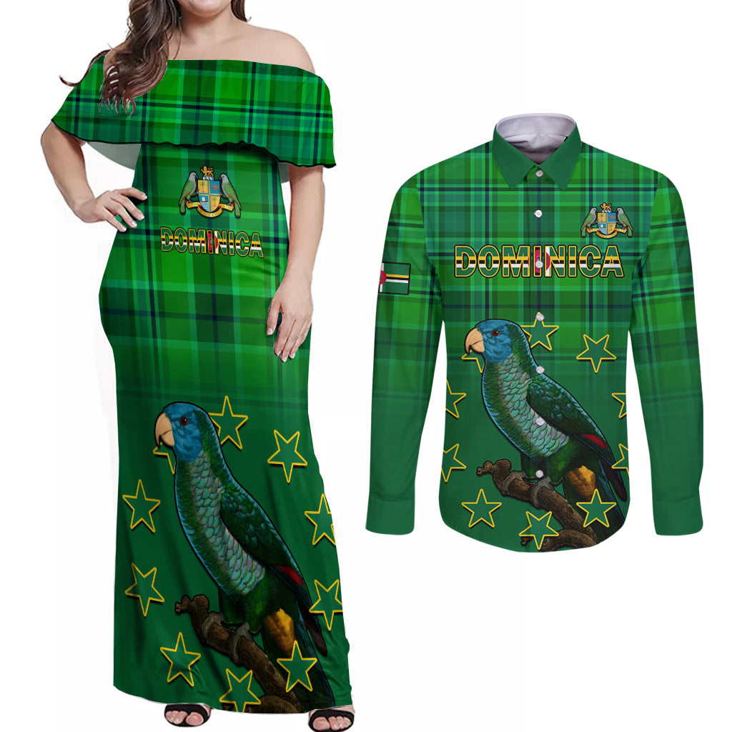 Personalised Dominica Independence Day Couples Matching Off Shoulder Maxi Dress and Long Sleeve Button Shirts Dominik Sisserou Parrot With Madras Pattern - Wonder Print Shop