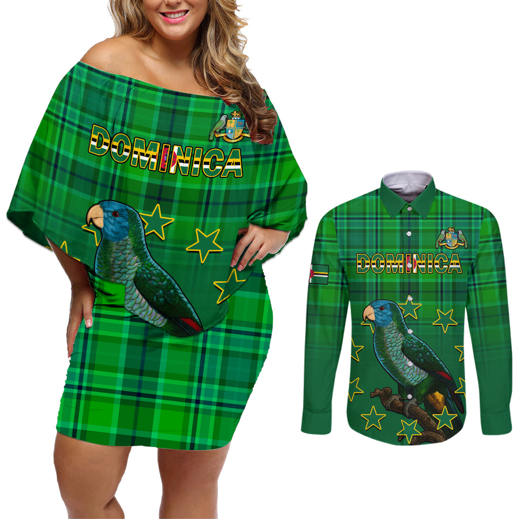 Personalised Dominica Independence Day Couples Matching Off Shoulder Short Dress and Long Sleeve Button Shirts Dominik Sisserou Parrot With Madras Pattern - Wonder Print Shop