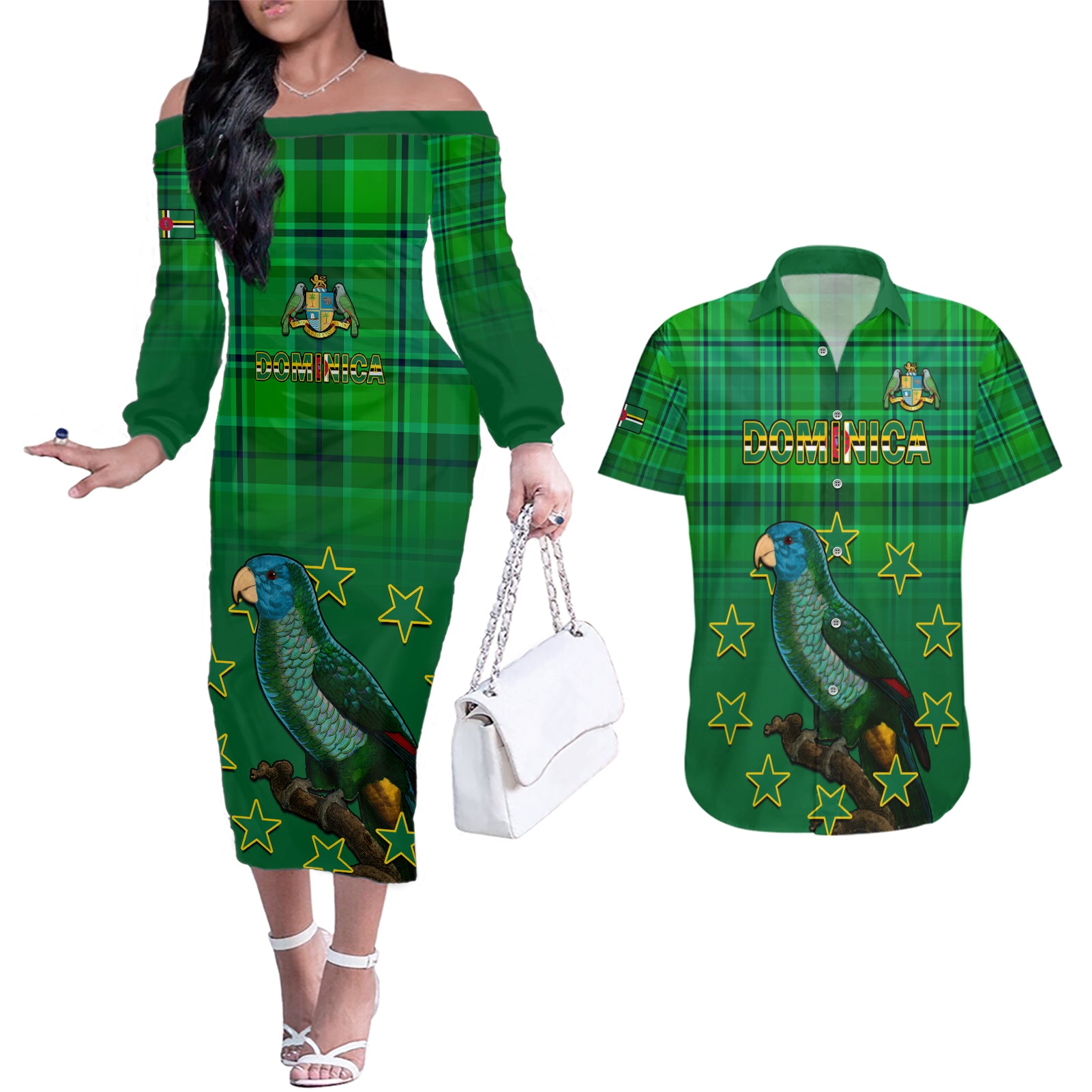 Personalised Dominica Independence Day Couples Matching Off The Shoulder Long Sleeve Dress and Hawaiian Shirt Dominik Sisserou Parrot With Madras Pattern - Wonder Print Shop