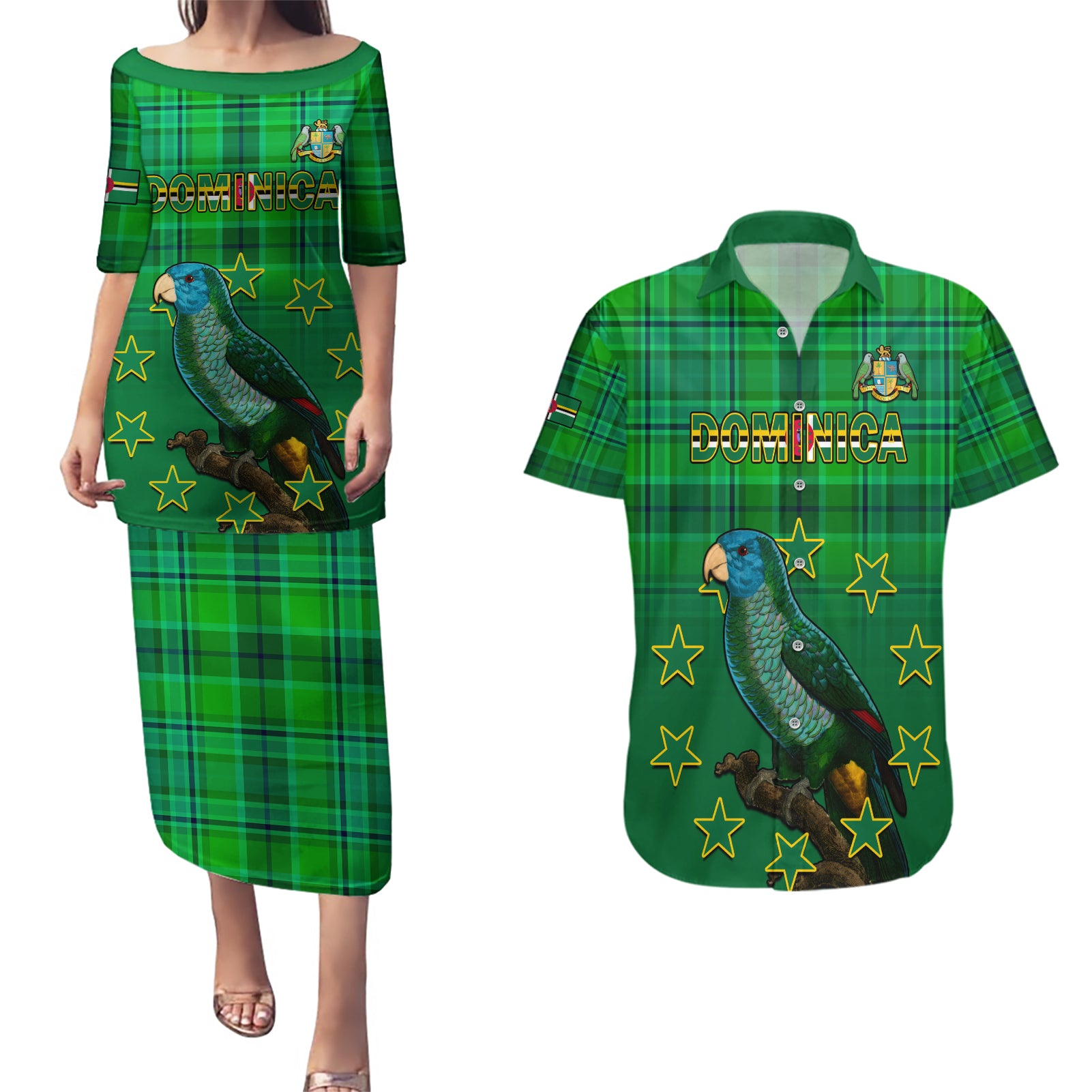 Personalised Dominica Independence Day Couples Matching Puletasi Dress and Hawaiian Shirt Dominik Sisserou Parrot With Madras Pattern - Wonder Print Shop