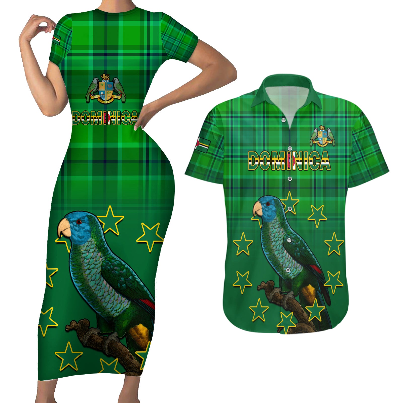 Personalised Dominica Independence Day Couples Matching Short Sleeve Bodycon Dress and Hawaiian Shirt Dominik Sisserou Parrot With Madras Pattern - Wonder Print Shop