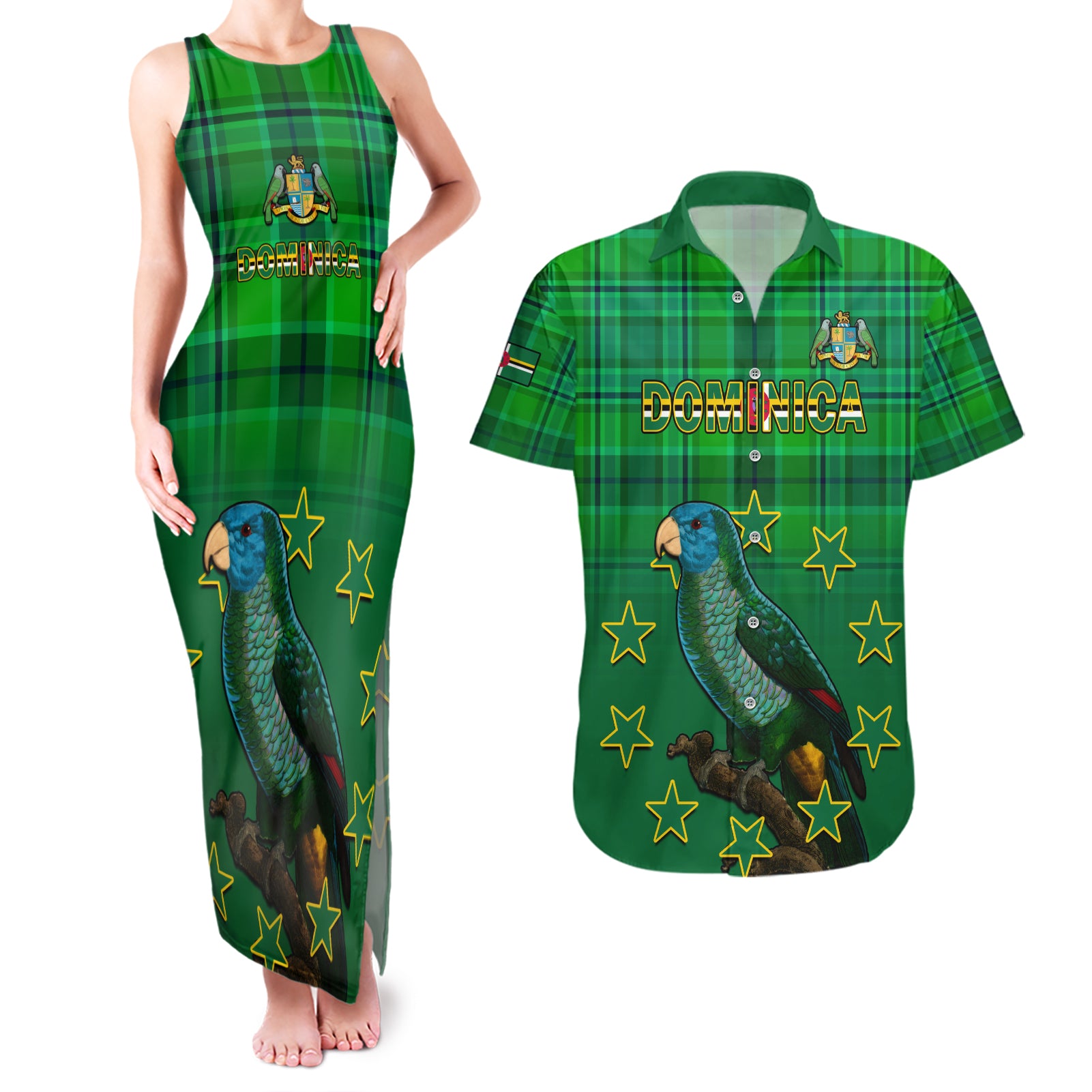 Personalised Dominica Independence Day Couples Matching Tank Maxi Dress and Hawaiian Shirt Dominik Sisserou Parrot With Madras Pattern - Wonder Print Shop