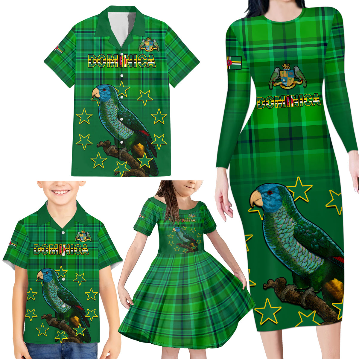 Personalised Dominica Independence Day Family Matching Long Sleeve Bodycon Dress and Hawaiian Shirt Dominik Sisserou Parrot With Madras Pattern - Wonder Print Shop