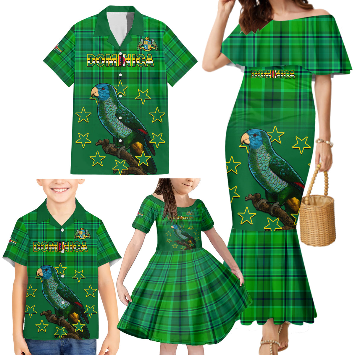 Personalised Dominica Independence Day Family Matching Mermaid Dress and Hawaiian Shirt Dominik Sisserou Parrot With Madras Pattern - Wonder Print Shop