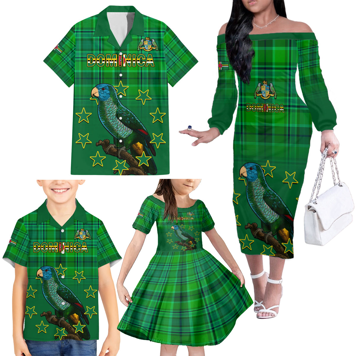 Personalised Dominica Independence Day Family Matching Off Shoulder Long Sleeve Dress and Hawaiian Shirt Dominik Sisserou Parrot With Madras Pattern - Wonder Print Shop