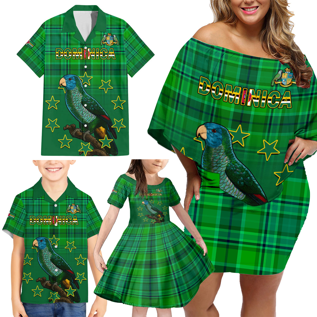 Personalised Dominica Independence Day Family Matching Off Shoulder Short Dress and Hawaiian Shirt Dominik Sisserou Parrot With Madras Pattern - Wonder Print Shop