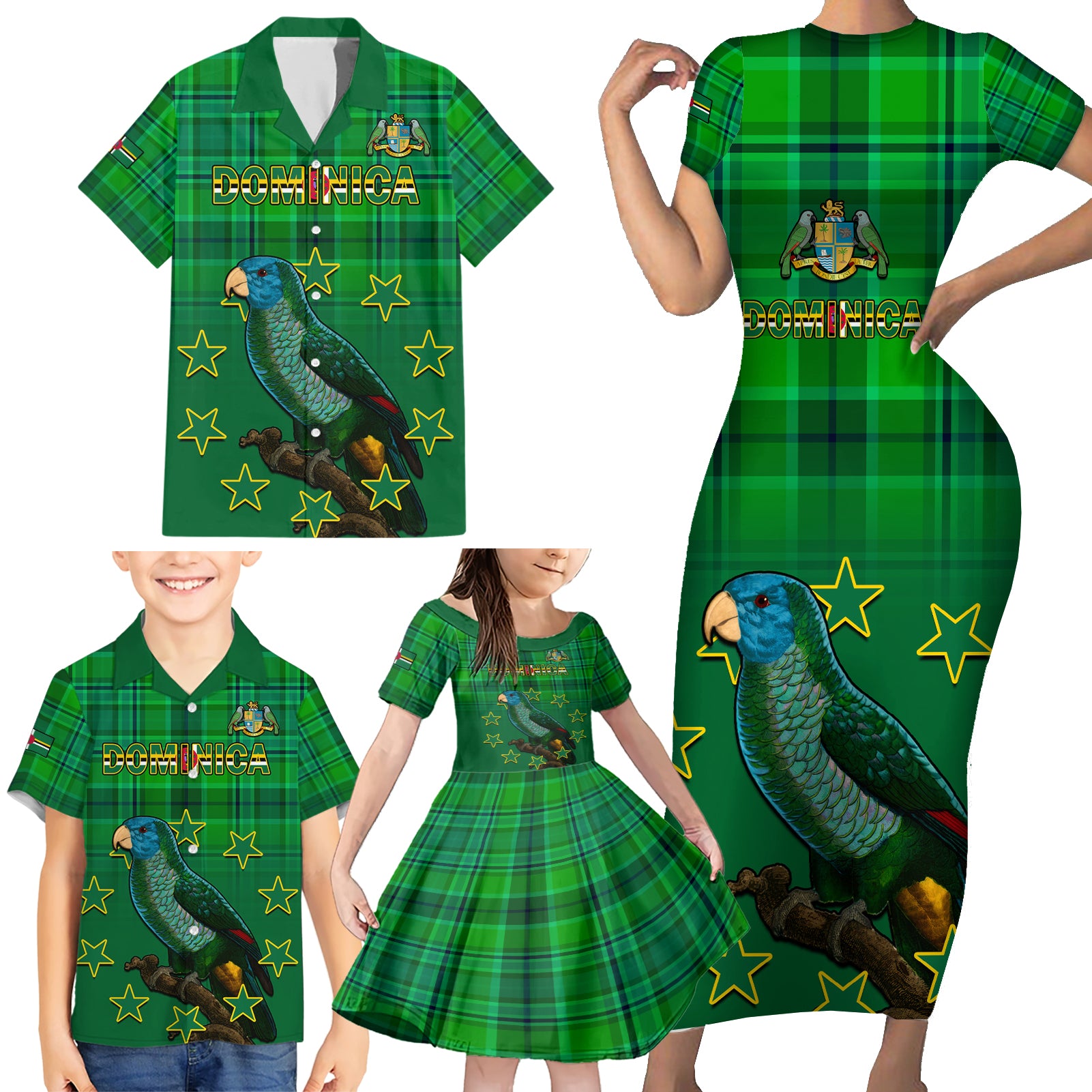 Personalised Dominica Independence Day Family Matching Short Sleeve Bodycon Dress and Hawaiian Shirt Dominik Sisserou Parrot With Madras Pattern - Wonder Print Shop